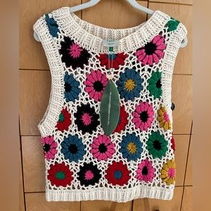 Farm Rio Crochet Floral Top, “Multi Circles Crochet Vest”